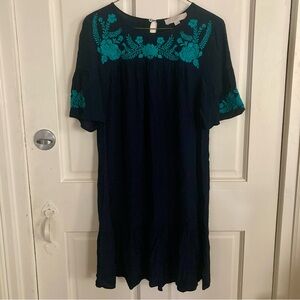 LOFT Floral Embroidered Flounce Dress - Blue - M
